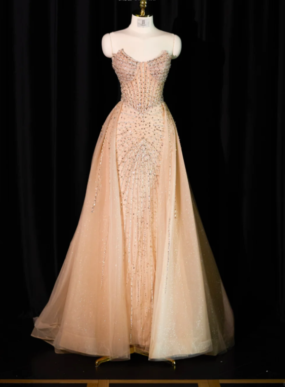 Luxurious Champagne Strapless Tulle Beaded Mermaid Long Evening Dress 18th Birthday Dress SP2233