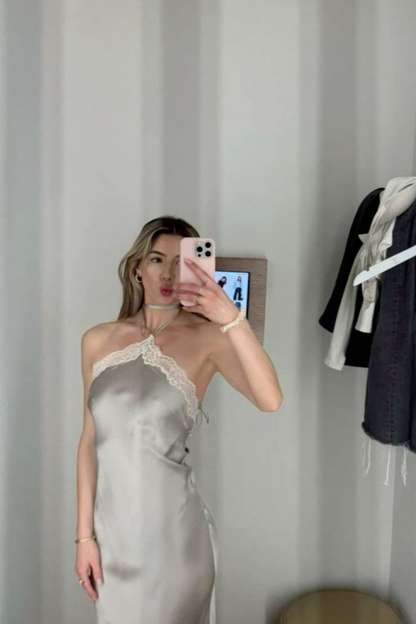 Sexy Halter Satin Lace Party Evening Dress Y8169