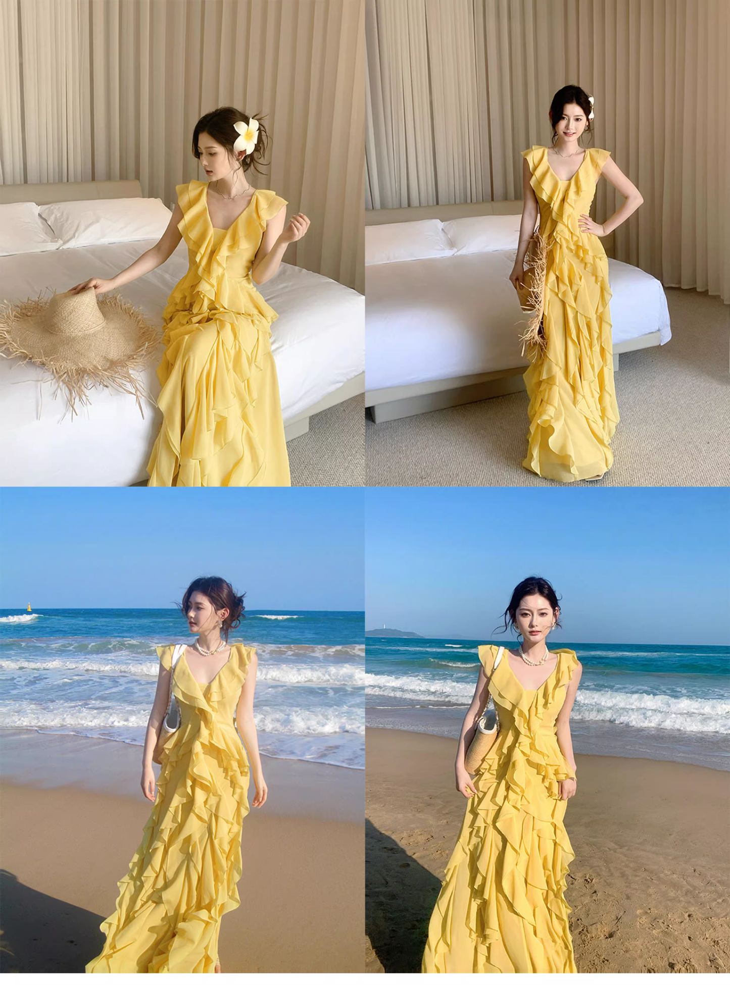 Classy Yellow Chiffon Layered Ruffles Mermaid Evening Dress Long Birthday Dress SP1648