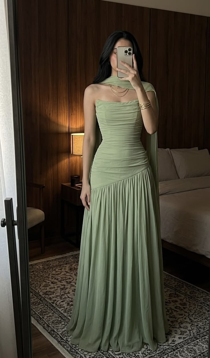 Classy Sage Green Strapless Chiffon Pleated A Line Long Party Dress Long Wedding Guest Dress With Scarf SP2132