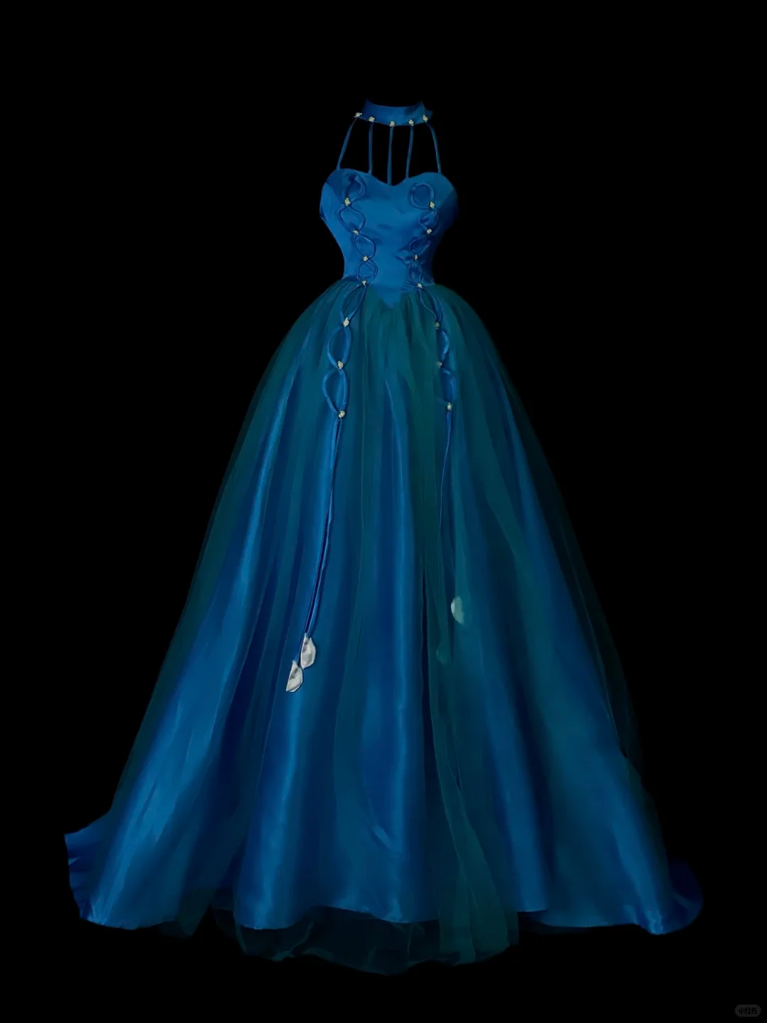 Vintage Halter Satin Tulle Long Wedding Guest Dress Blue Long Birthday Party Dress SP4049