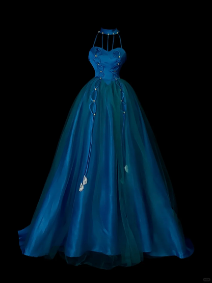 Vintage Halter Satin Tulle Long Wedding Guest Dress Blue Long Birthday Party Dress SP4049