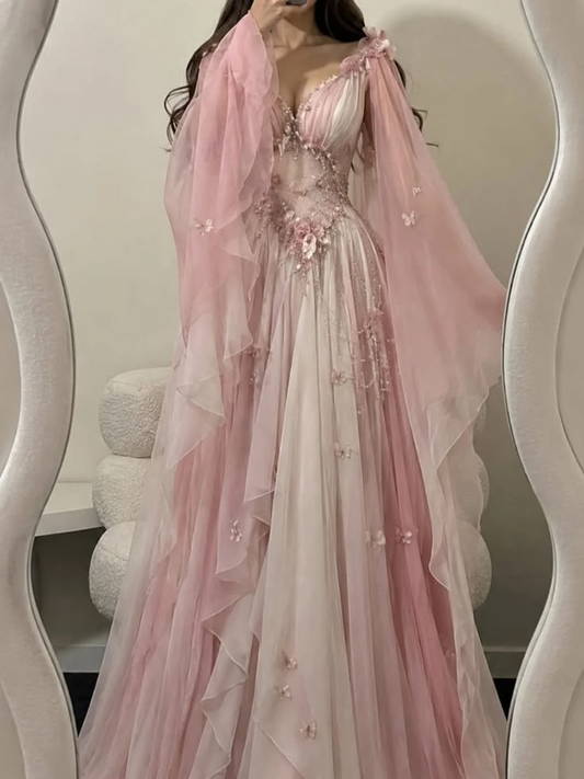 Pretty Ombre Pink Chiffon Appliques Birthday Prom Dress V Neck Long Party Dresses SP4318