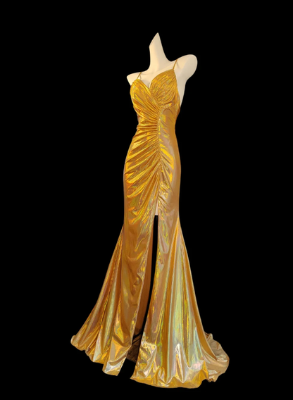 Gorgeous Spaghetti Straps Gold Satin Pleated Mermaid Prom Dress Slit Long Party Gown SP347