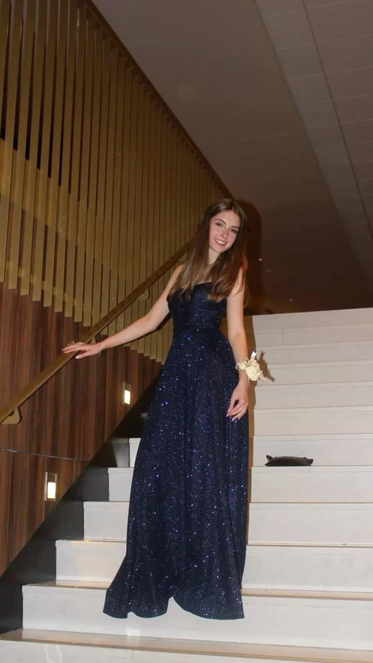 Charming Navy Blue Seuqin A Line Long Party Dress Spaghetti Straps Long Wedding Guest Dress SP4254