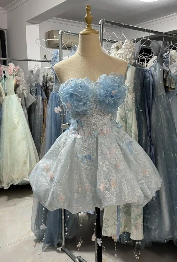 Fairy Strapless Tulle Lace Appliques Short 19th Birthday Outfits Light Blue Short Homecoming Dress SP3909