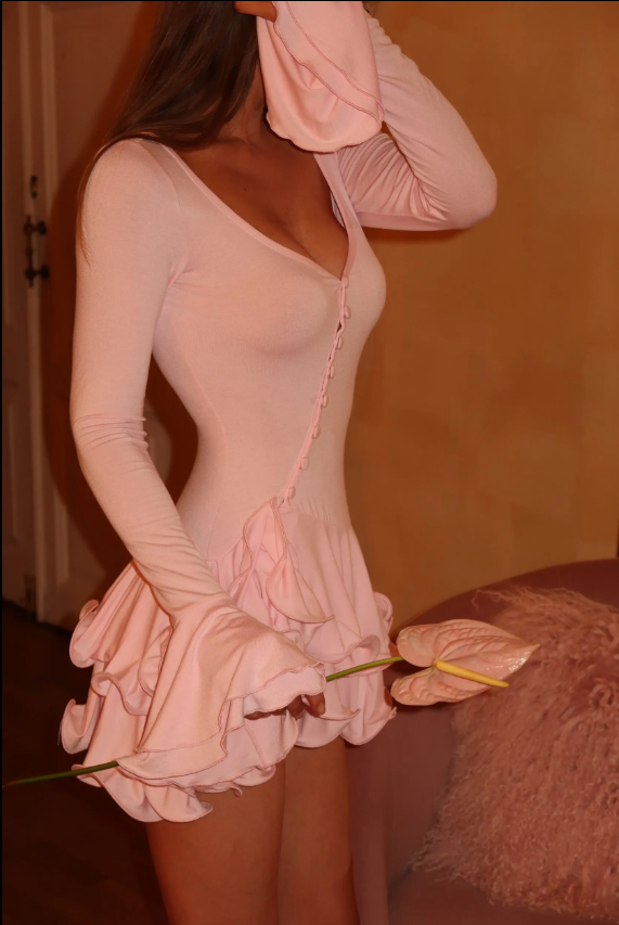 Sexy V Neck Pink Chiffon Layered Ruffles Short Cocktail Dress Formal Graduation Homecoming Dress Y9420