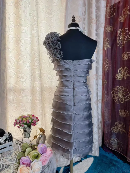 Vintage Silver Gray Chiffon Ruffle Layered Cocktail Dress One Shoulder Formal Graduation Homecoming Dress Y9184