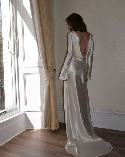 Pretty Long Sleeveless White Satin Mermaid Backless Long Wedding Dress SP1041