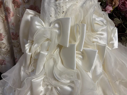 Classy Strapless White Satin Beaded Mermaid Long Wedding Dresses Bow Princess Bridal Gown Y9709