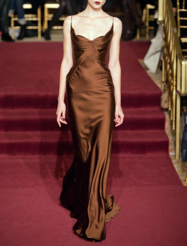 Vintage Spaghetti Straps Brown Satin Mermaid Party Dress Formal Wedding Guest Dress SP537