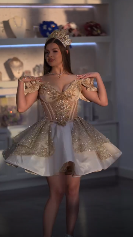 Gorgeous Champagne Gold Satin Tulle Sequin Beaded A Line Short Homecoming Dress,Off The Shoulder Short Prom Dress SP2846