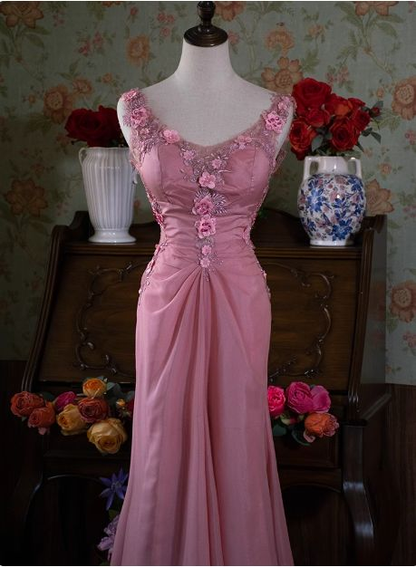 Retro V Neck Sleeveless Pink Beaded 3D Appliques  Long Prom Dress Backless Mermaid Birthday Party Dress SP491