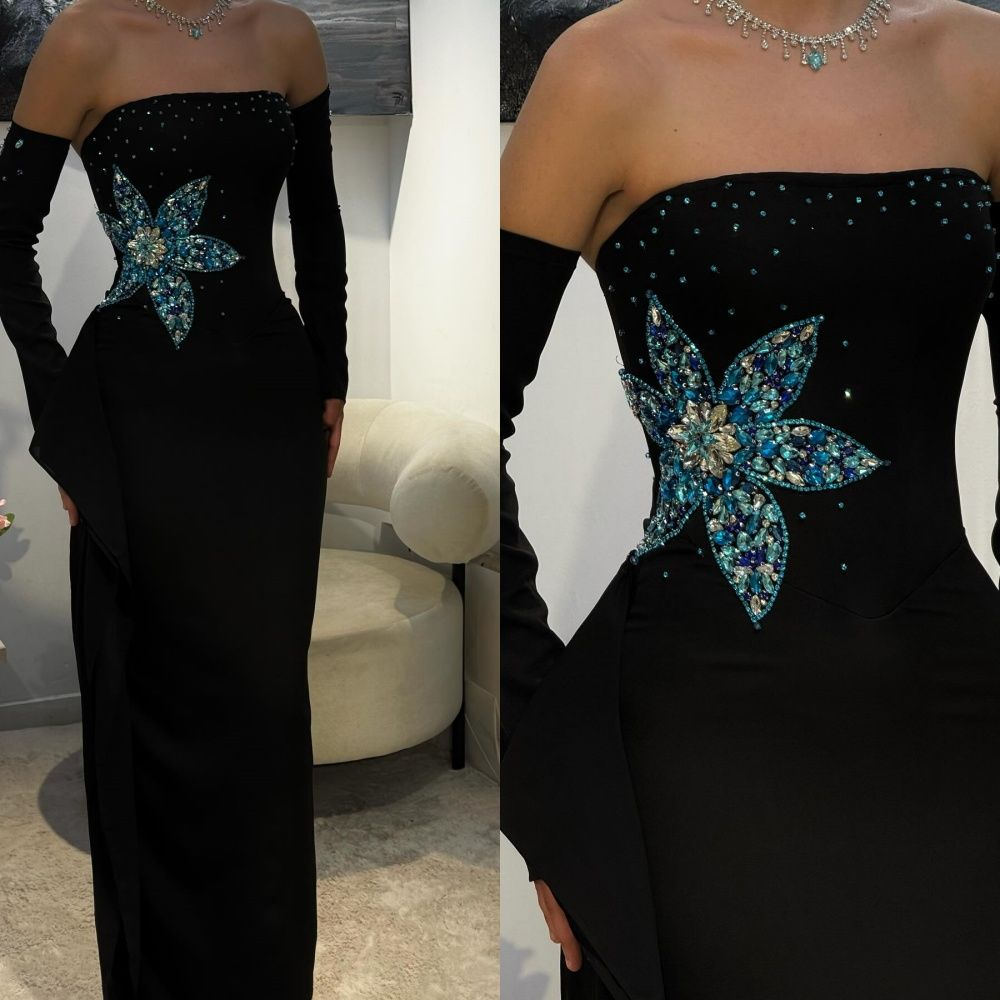 Gorgeous Black Strapless Satin Sheath Beaded Long Evening Dress Birthday Prom Gown SP1013