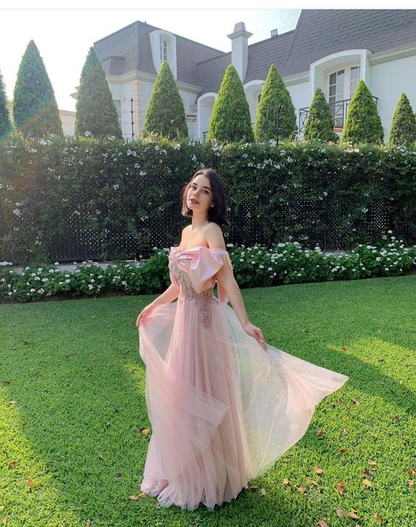 Pink Off The Shoulder Prom Dress,Pink Senior Prom Dress  Y5875