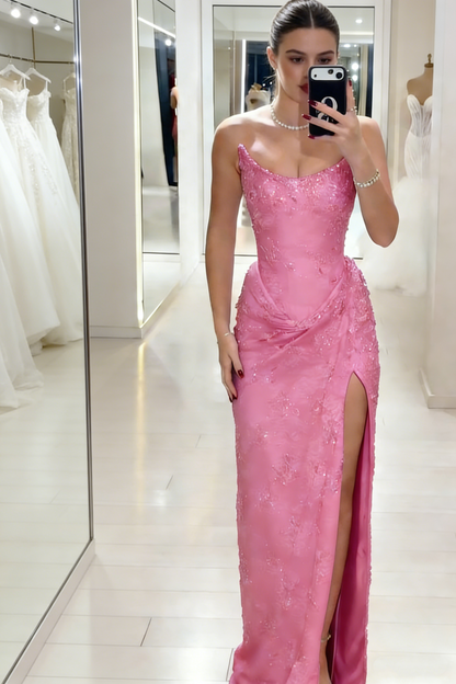 Elegant Strapless Brown Lace Slit Mermaid Prom Dress Long Party Dress SP1350