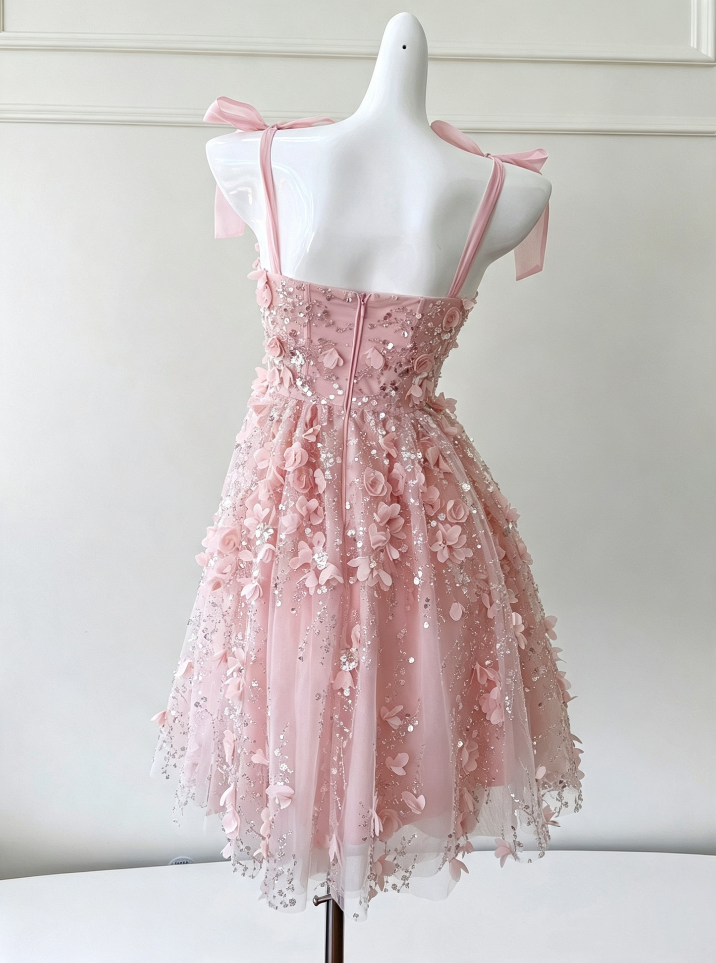 Elegant Spaghetti Straps Tulle Appliques A Line Short Homecoming Dress,Pink Mini 17th Birthday Outfits SP3266