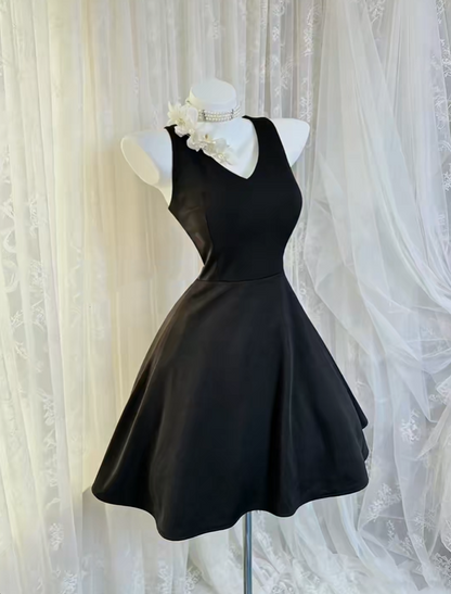Sexy Black V Neck Satin A Line Short Graduation Homecoming Dress Cocktail Dress SP2769