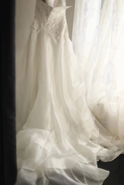 Classy Strapless Chiffon Appliques Mermaid White Long Wedding Dress SP1167