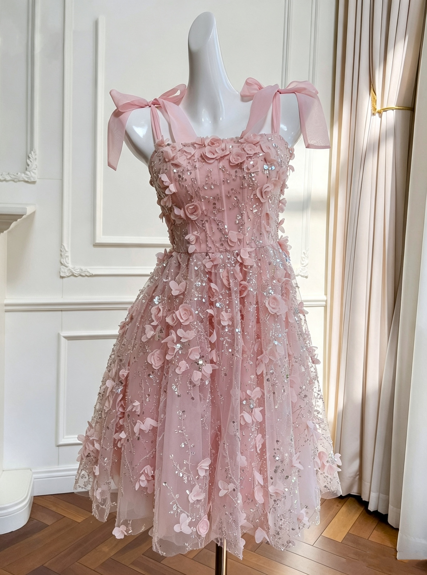 Elegant Spaghetti Straps Tulle Appliques A Line Short Homecoming Dress,Pink Mini 17th Birthday Outfits SP3266