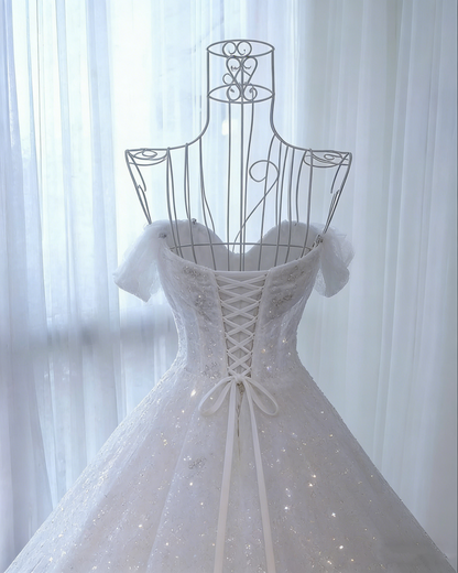 Off The Shoulder White Wedding Dress Shiny Evening Dress Y48
