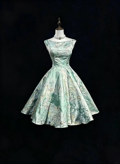Elegant Sleeveless Light Green Satin Print Floral A Line Short Graduation Homecoming Dress SP2927