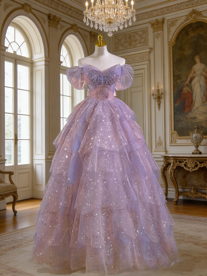 Glamorous Purple A-line Multi-layered Tulle Prom Dress,18th Birthday Dress Y5867