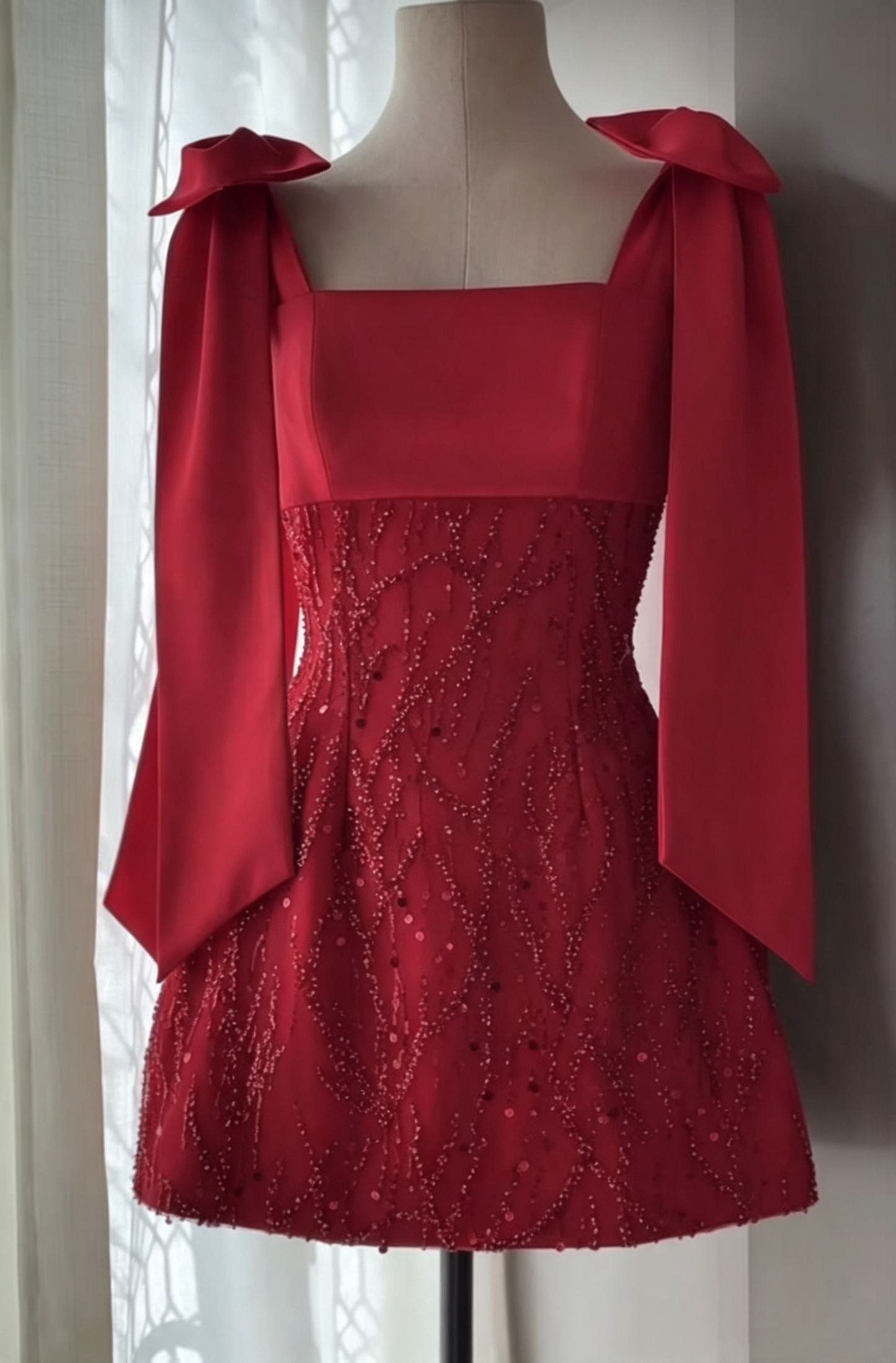 Charming Bow Straps Red Satin Beaded Short Birthday Dress Homecoming Dress SP3270