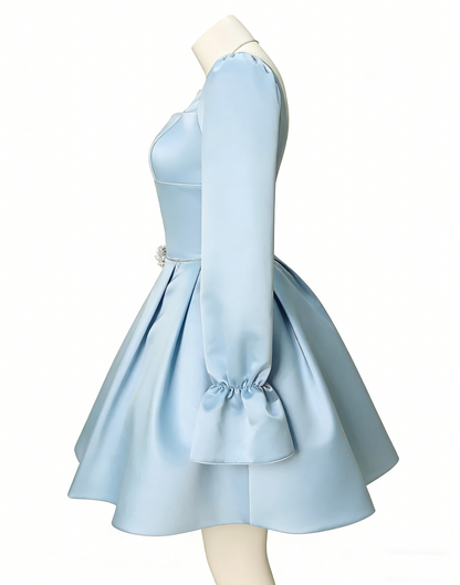 Cute Blue Square Neck Satin A Line Short Homecoming Dress Birthday Outfits SP1916