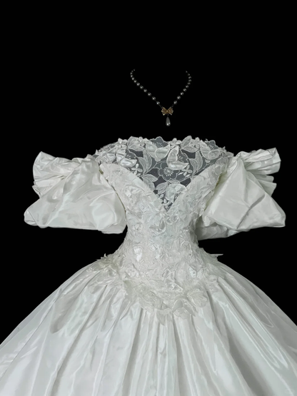 Vintage Off The Shoulder White Satin Lace Long Wedding Dress Bridal Gown SP4040