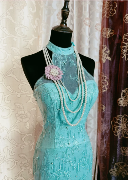 Glamorous Sleeveless Mint Green Lace Beaded Mermaid Long Prom Dress Formal Birthday Evening Gown SP1893