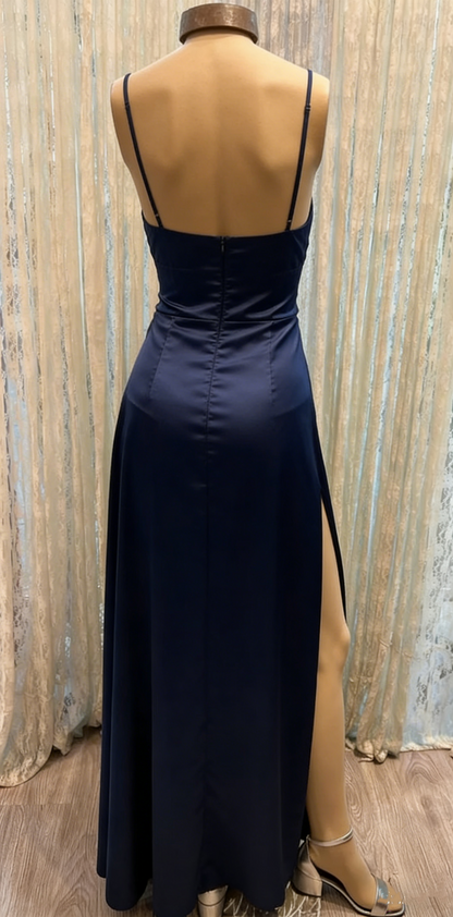 Classic A-line Navy Blue Prom Dress With Split,Simple Evening Dress For Teens Y6772