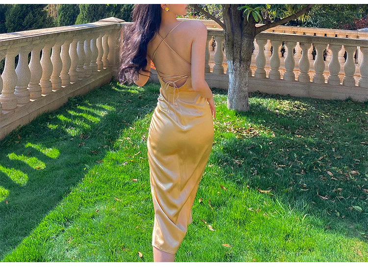 Sexy Halter V Neck Party Dress,Champagne Gold Prom Evening Dress Y8211
