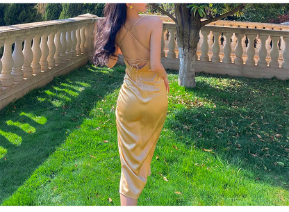 Sexy Halter V Neck Party Dress,Champagne Gold Prom Evening Dress Y8211