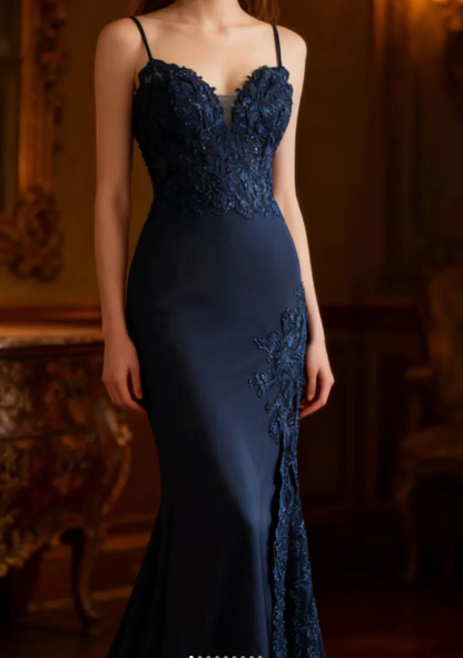 Vintage Spaghetti Straps Navy Blue Satin Appliques Mermaid Evening Dress Long Wedding Guest Dress SP1022