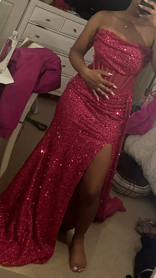 Sparkly Strapless Hot Pink Sequin Mermaid Slit Party Dress Long Prom Dress SP2589