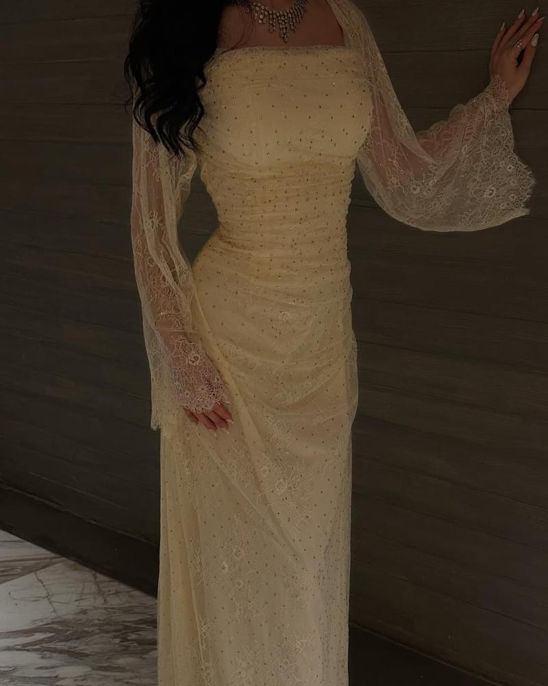 Classy Yellow Square Neck Lace Beaded Long Evening Dress Birthday Outfits SP839