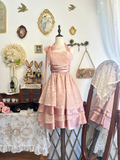 Elegant Halter Pink Satin Print Floral Layered A Line Short Homecoming Dress Birthday Outfits Y9498