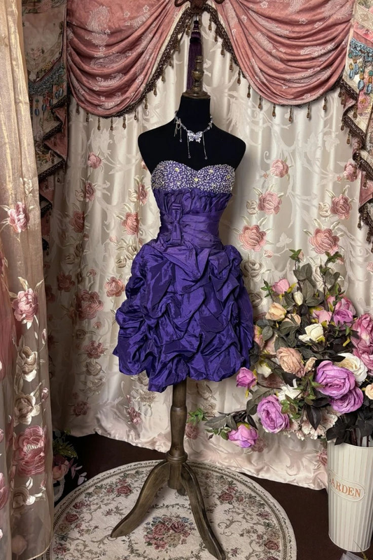 Vintage Strapless Satin Pleated Beaded Purple Cocktail Dress Short Birthday Outfits Homecoming Dress Y9451
