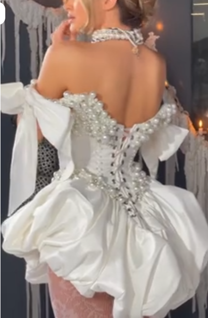 Gorgeous White Bow Straps Satin Pearls A Line Short Graduation Homecoming Dress Birthday Outfits SP2458