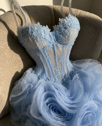Pretty Spaghetti Straps Blue Tulle Pleated Appliques Short Homecoming Dress Birthday Outfits SP4052