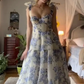 A-line Blue Floral Print Long Prom Dress,Blue Evening Dress  Y2560
