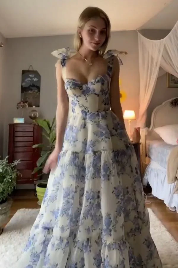 A-line Blue Floral Print Long Prom Dress,Blue Evening Dress  Y2560