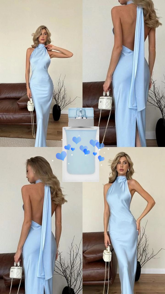 Classy Halter Backless Slit Long Party Dress Blue Prom Gown SP1047