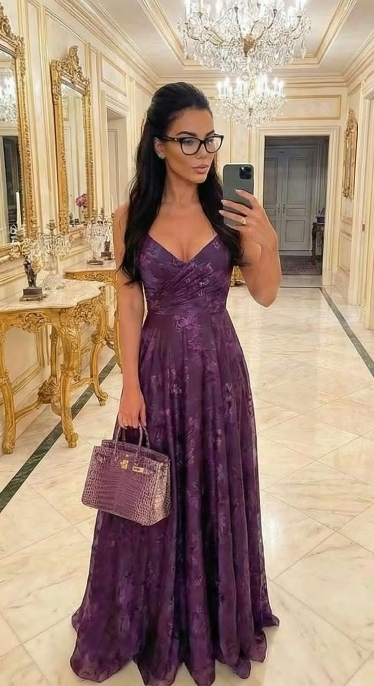 Vintage Purple V Neck Tulle Print Floral A Line Long Evening Dress Formal Wedding Guest Dress SP2102