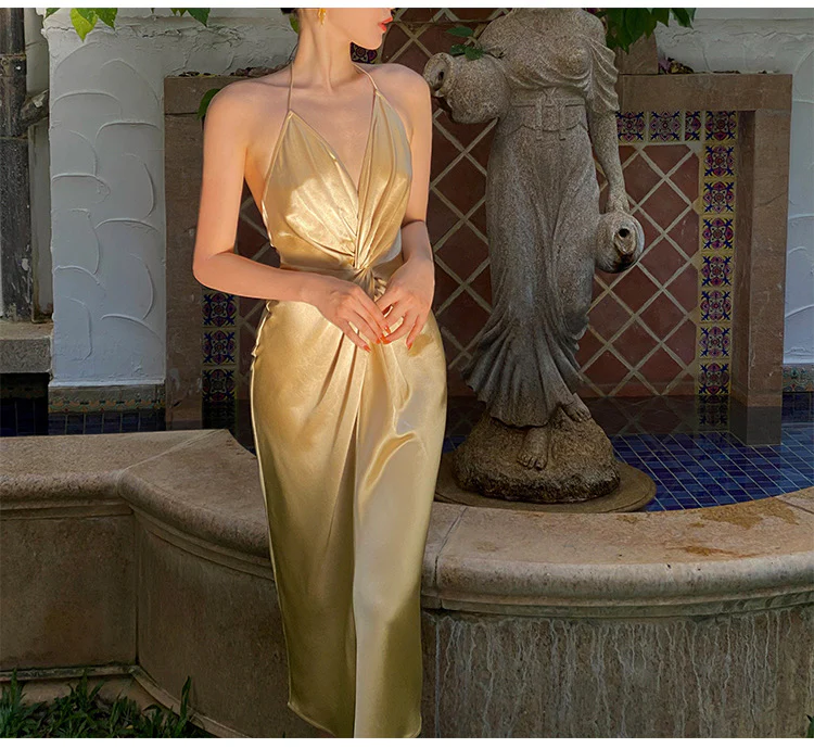 Sexy Halter V Neck Party Dress,Champagne Gold Prom Evening Dress Y8211