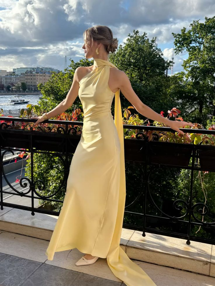 Classy Halter Yellow Satin Mermaid Wedding Guest Dress Long Evening Gown SP400