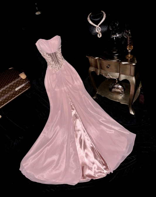 Pretty Strapless Pink Slit Mermaid Long Evening Dress Birthday Outfits SP876