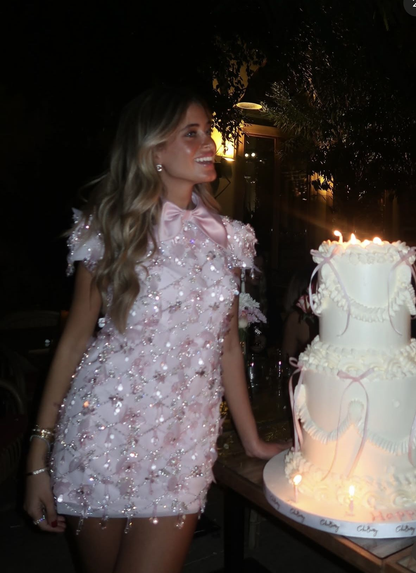 Elegant Pink Satin Appliques Beaded Short Graduation Homecoming Dress,Formal 9th Birthday Outfits SP2931