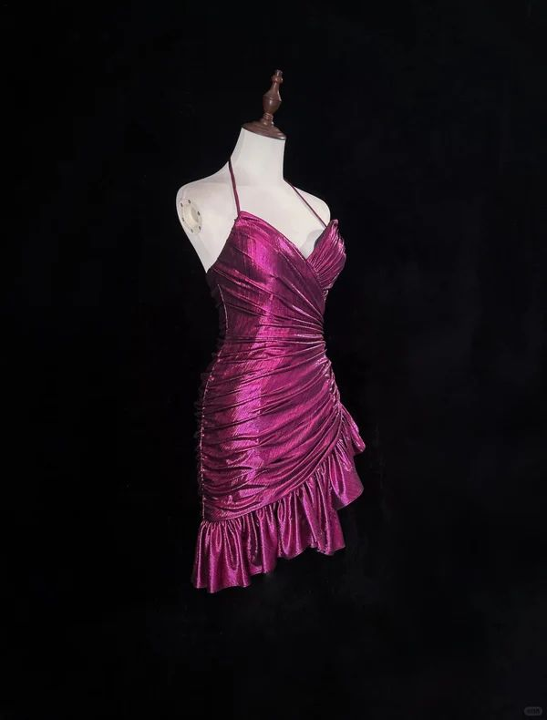 Vintage Halter Satin Pleated Mini Cocktail Dress Graduation Homecoming Dress Y9122